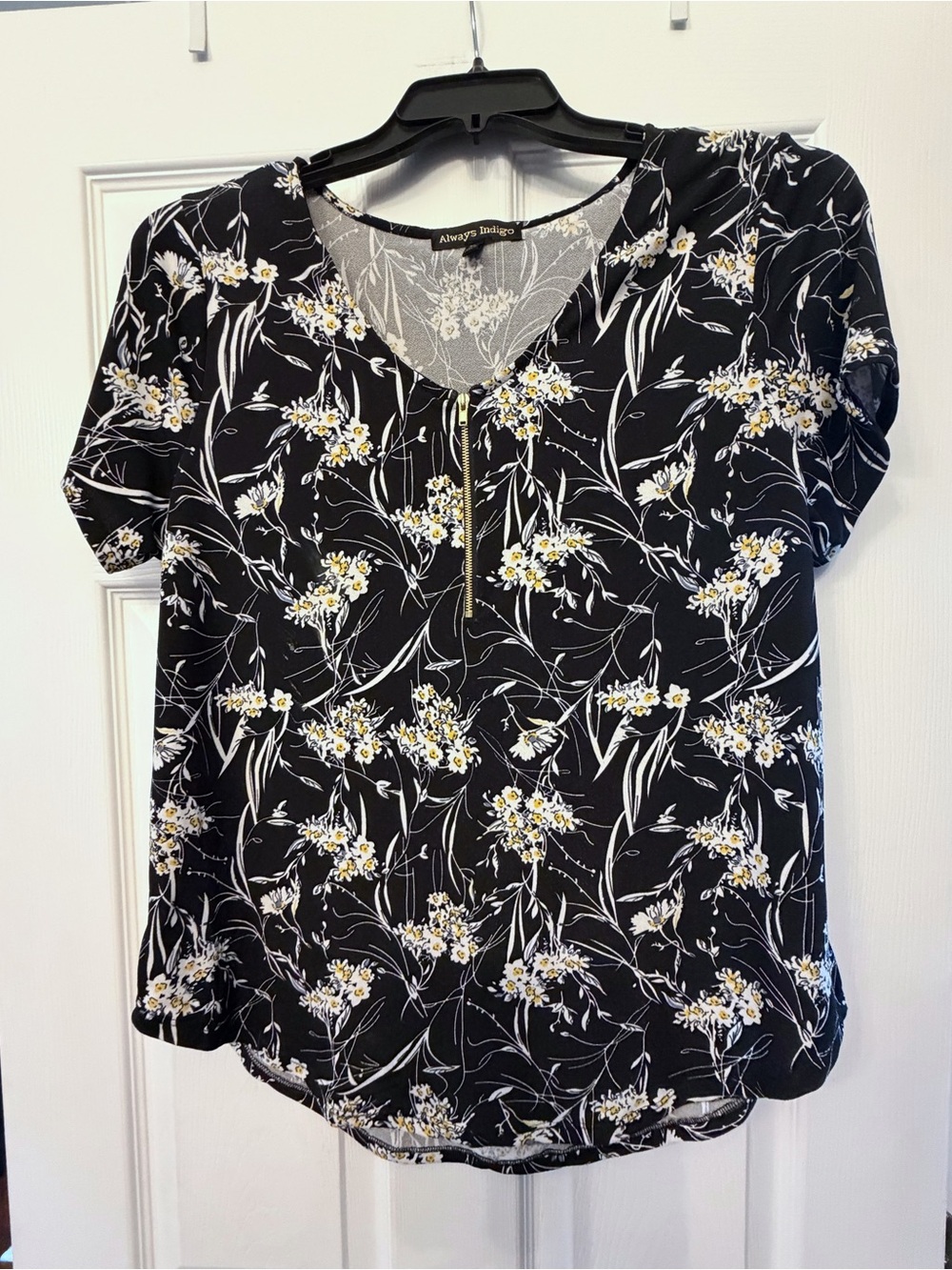 Always Indigo Black Floral Zip-Front V-Neck Blouse